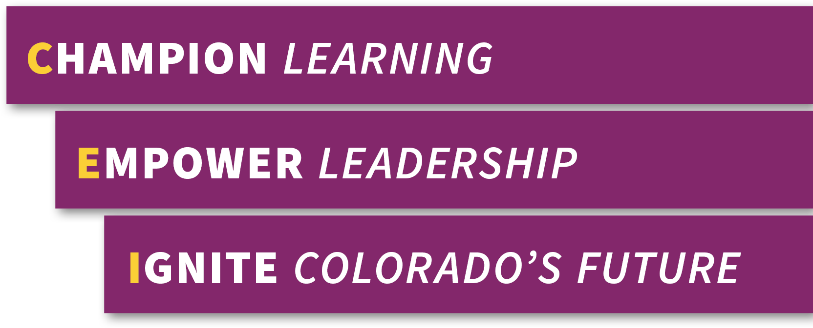 Champion Learning. Empower Leadership.  Ignite Colorado’s Future.